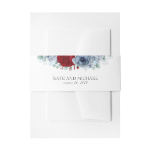 Dusty Blue and Burgundy Red Floral Wedding Invitation Belly Band