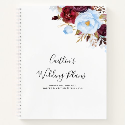 Dusty Blue and Burgundy Red Floral Wedding Plans Notebook