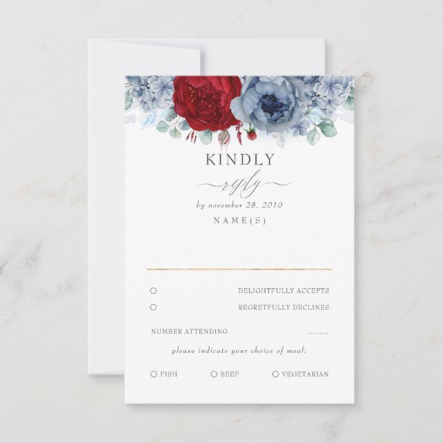 Dusty Blue and Burgundy Red Floral Wedding RSVP Card (Front)