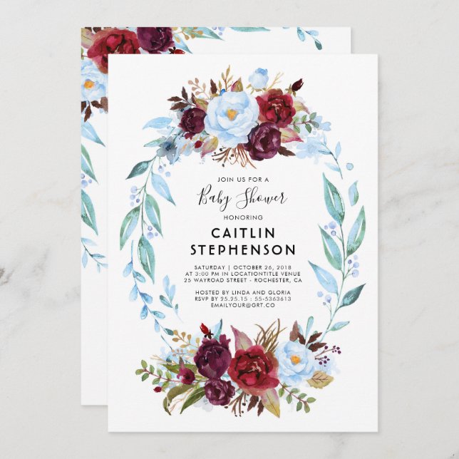 Dusty Blue and Burgundy Red Flowers Baby Shower Invitation (Front/Back)