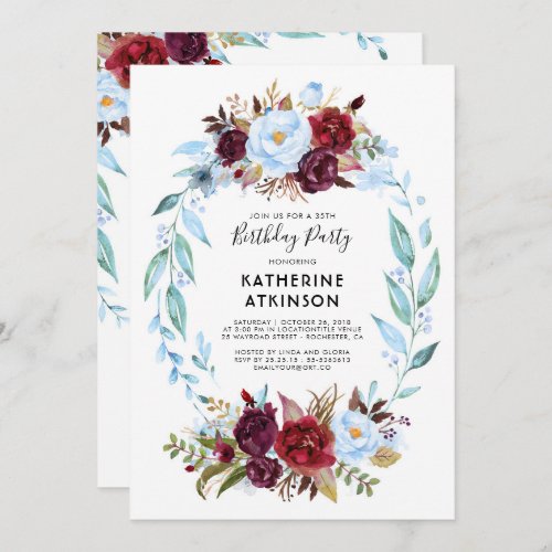 Dusty Blue and Burgundy Red Flowers Birthday Invitation