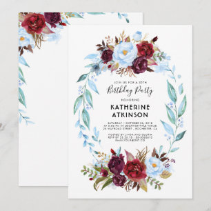 Dusty Blue and Burgundy Red Flowers Birthday Invitation