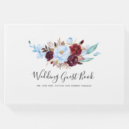 Dusty Blue and Burgundy Red Flowers Guest Book