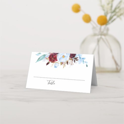 Dusty Blue and Burgundy Red Flowers Place Card