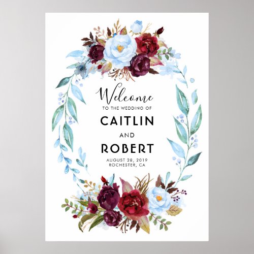Dusty Blue and Burgundy Red Flowers Poster
