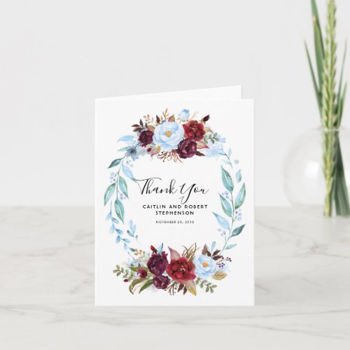Dusty Blue and Burgundy Red Flowers Thank You Card