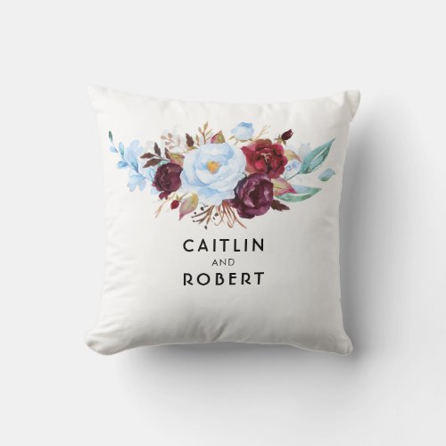 Dusty Blue and Burgundy Red Flowers Throw Pillow