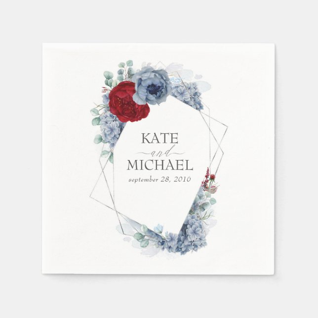 Dusty Blue and Burgundy Red Flowers Wedding Napkins (Front)