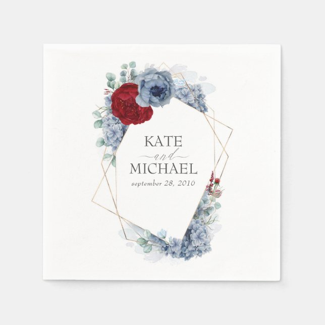 Dusty Blue and Burgundy Red Flowers Wedding Napkins (Front)