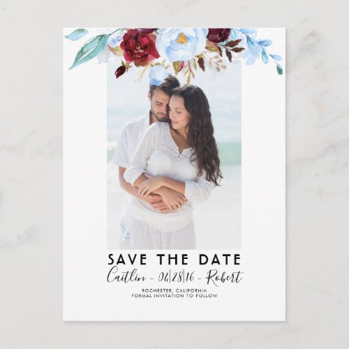 Dusty Blue and Burgundy Red Photo Save the Date Announcement Postcard