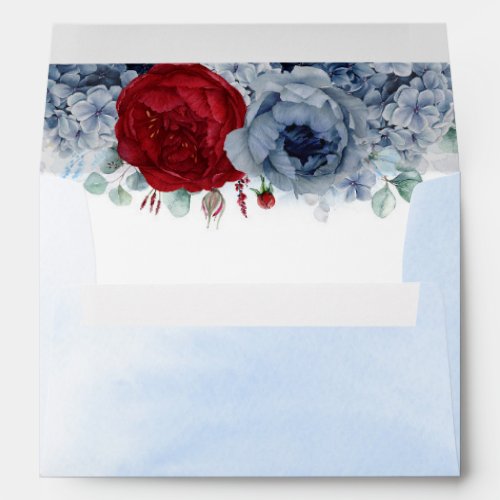 Dusty Blue and Burgundy Red Roses Floral Envelope