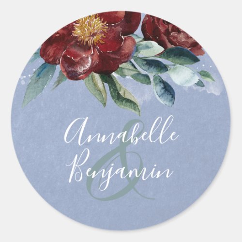 Dusty Blue and Burgundy Red Wedding Classic Round Sticker