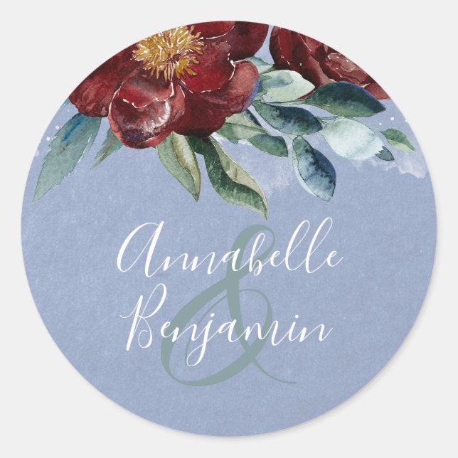 Dusty Blue and Burgundy Red Wedding Classic Round Sticker (Front)