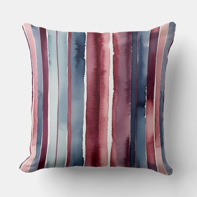 Dusty Blue and Burgundy Rose Stripes Throw Pillow (Front)