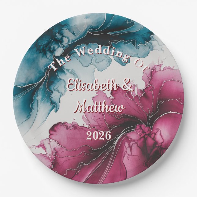 Dusty Blue and Burgundy Swirl Wedding Paper Plates (Front)