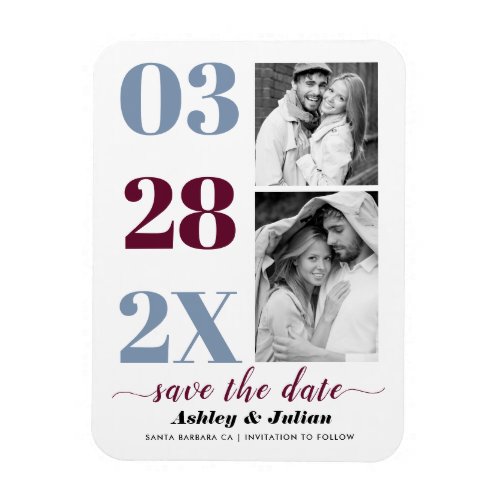 Dusty blue and burgundy two photo Save the Date Magnet