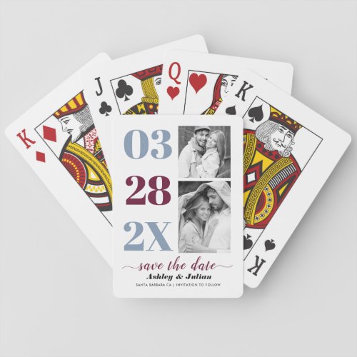 Dusty blue and burgundy two photo Save the Date Poker Cards
