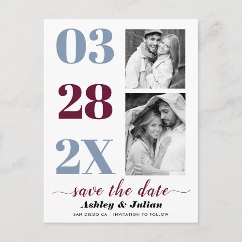 Dusty blue and burgundy two photo Save the Date Postcard