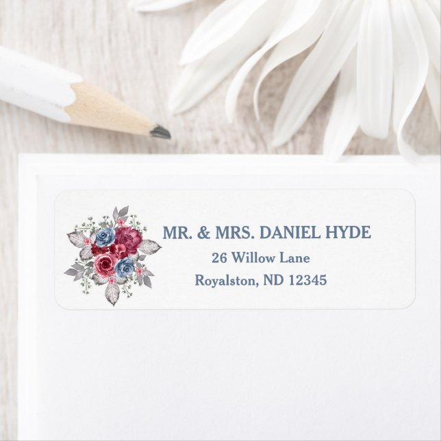 Dusty Blue and Burgundy Wedding Address   Label (Insitu)