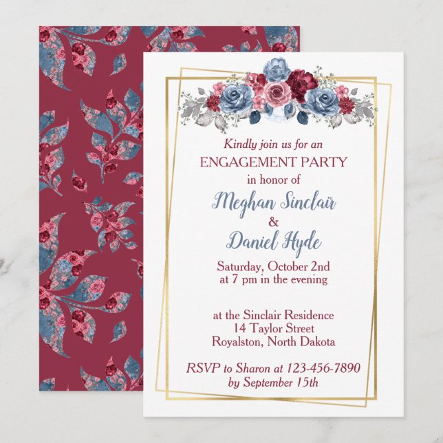 Dusty Blue and Burgundy Wedding Engagement Party Invitation (Front/Back)
