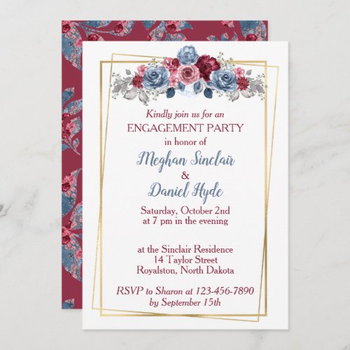 Dusty Blue and Burgundy Wedding Engagement Party Invitation