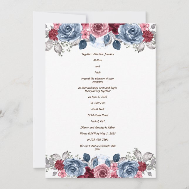 Dusty Blue and Burgundy Wedding Invitation (Front)