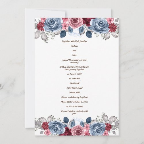 Dusty Blue and Burgundy Wedding Invitation