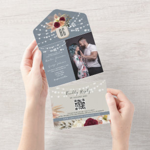 Dusty Blue and Burgundy Wedding QR Code All In One Invitation