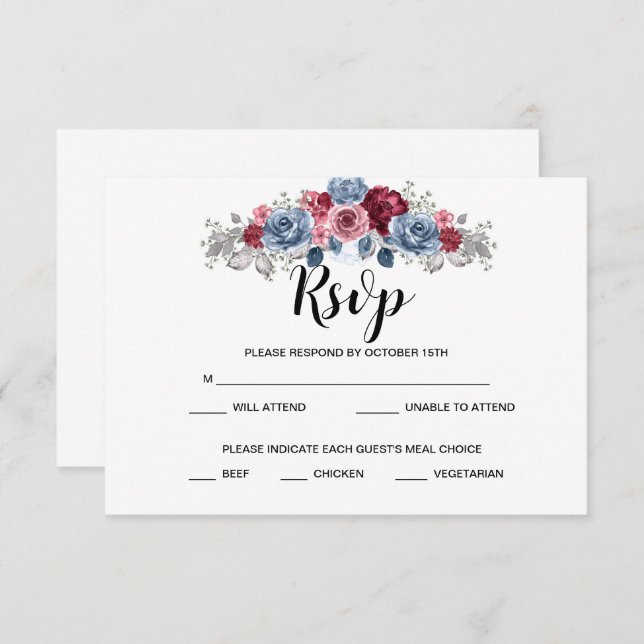 Dusty Blue and Burgundy Wedding  RSVP   (Front/Back)