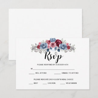 Dusty Blue and Burgundy Wedding RSVP Card