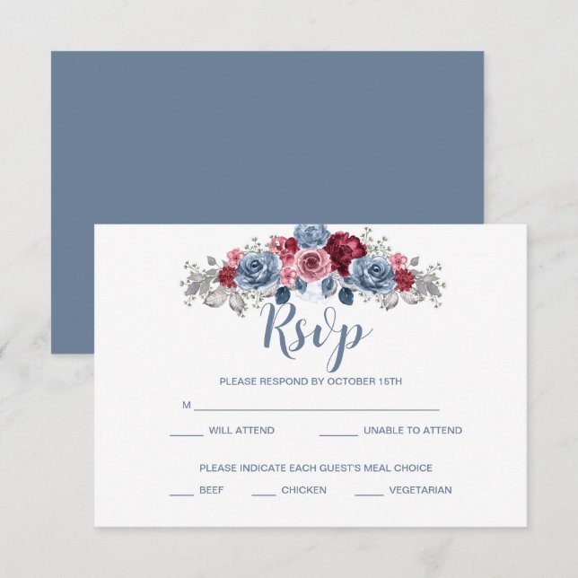 Dusty Blue and Burgundy Wedding  RSVP Enclosure   (Front/Back)