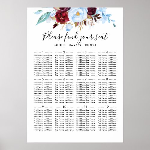 Dusty Blue and Burgundy Wedding Seating Chart