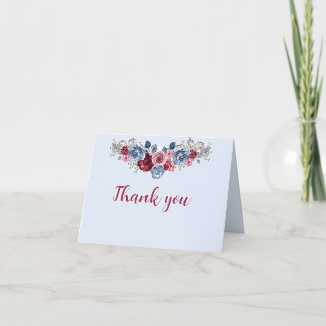 Dusty Blue and Burgundy Wedding  Thank You Card (Front)