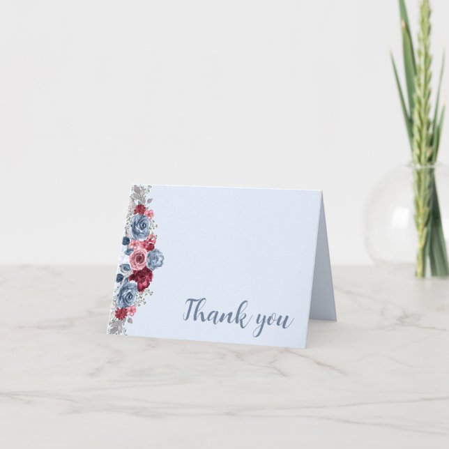 Dusty Blue and Burgundy Wedding  Thank You Card (Front)