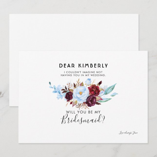 Dusty Blue and Burgundy Will You Be My Bridesmaid Invitation (Front/Back)