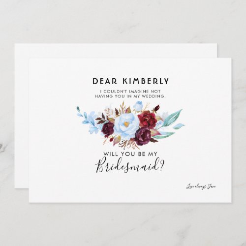 Dusty Blue and Burgundy Will You Be My Bridesmaid Invitation