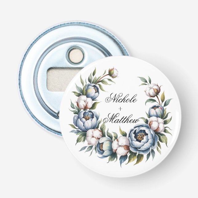 Dusty Blue and Cotton Wedding Favor Bottle Opener (Front)