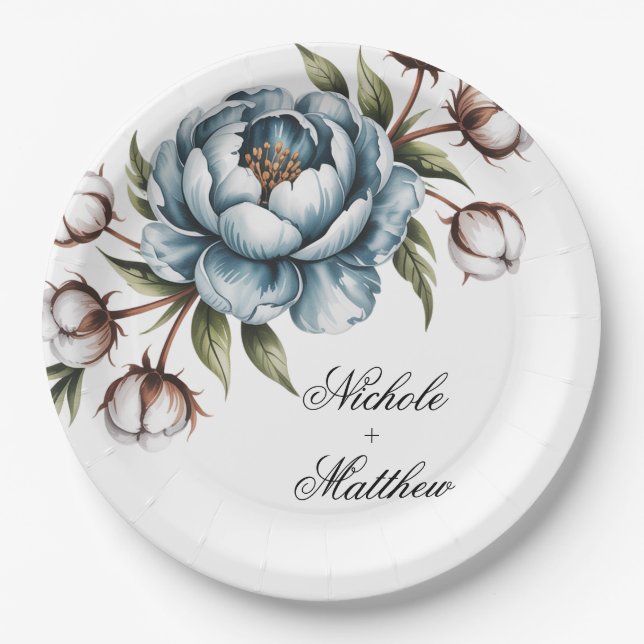Dusty Blue and Cotton Wedding Paper Plates (Front)