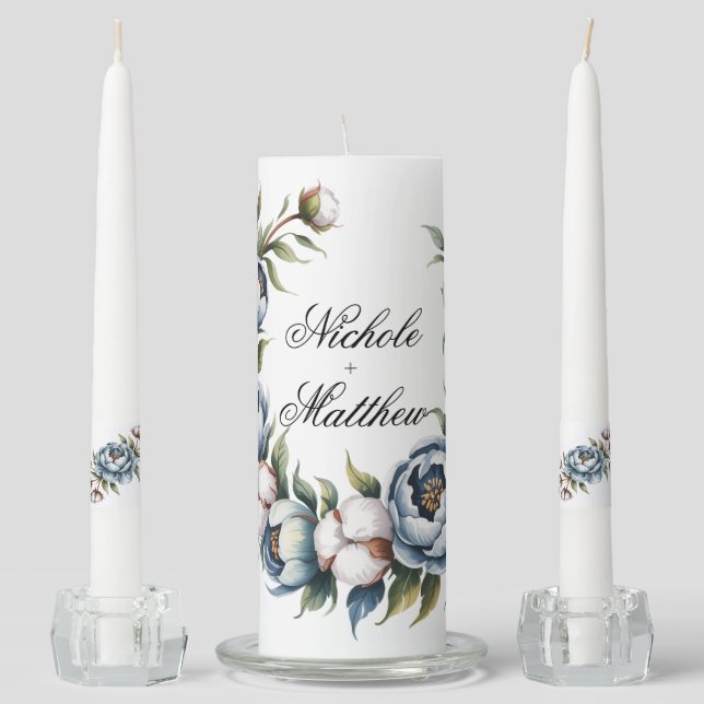 Dusty Blue and Cotton Wedding  Unity Candle Set (Front)