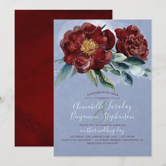 Dusty Blue and Cranberry Burgundy Red Wedding Invitation (Front/Back)