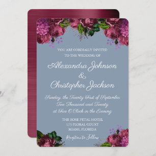 Dusty Blue and Cranberry Burgundy Wedding Invitation