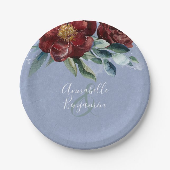 Dusty Blue and Cranberry Burgundy Wedding Paper Plates (Front)