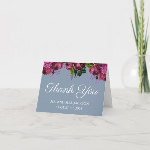 Dusty Blue and Cranberry Burgundy Wedding Thank You Card