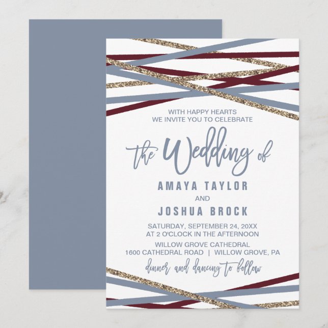 Dusty Blue and Cranberry Streamers The Wedding Of Invitation (Front/Back)
