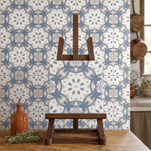 Dusty Blue and Cream Boho Geometric Floral Mandala Ceramic Tile