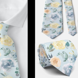 Dusty Blue and Cream Floral Roses Watercolor Neck Neck Tie