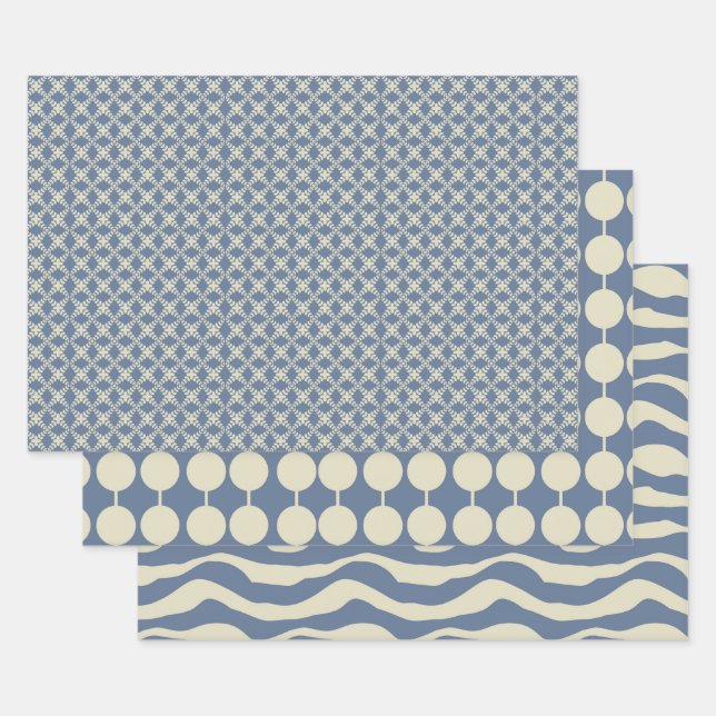 Dusty Blue and Cream Patterns of  Christmas Wrapping Paper Sheets (Set)