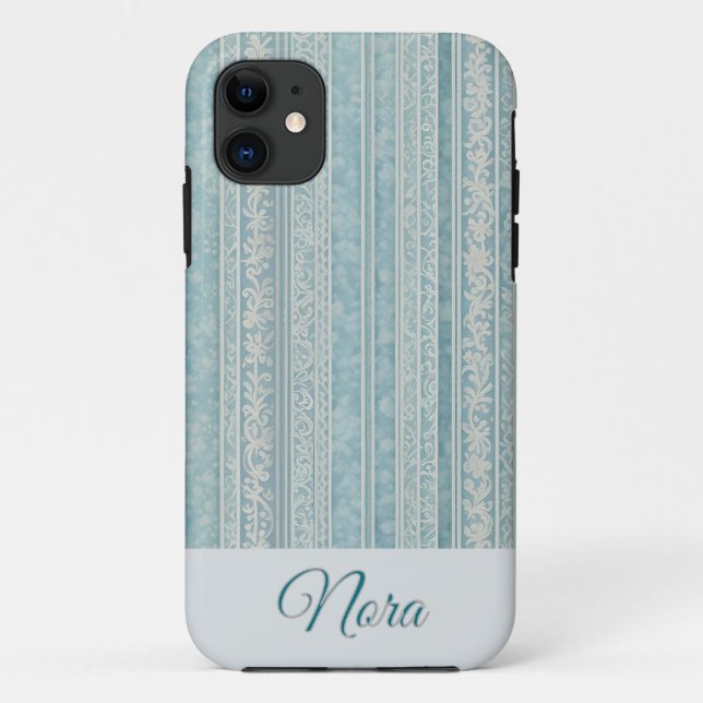 Dusty Blue and Cream Stripes Personalized Case-Mate iPhone Case (Back)