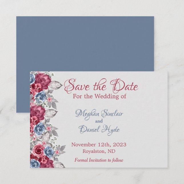 Dusty Blue and Deep Burgundy Floral Save The Date (Front/Back)