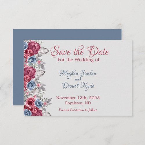 Dusty Blue and Deep Burgundy Floral Save The Date